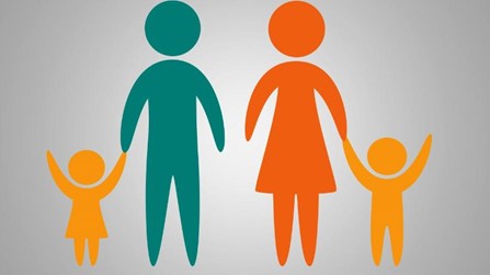 Cartoon Man, woman and two children holding their hands